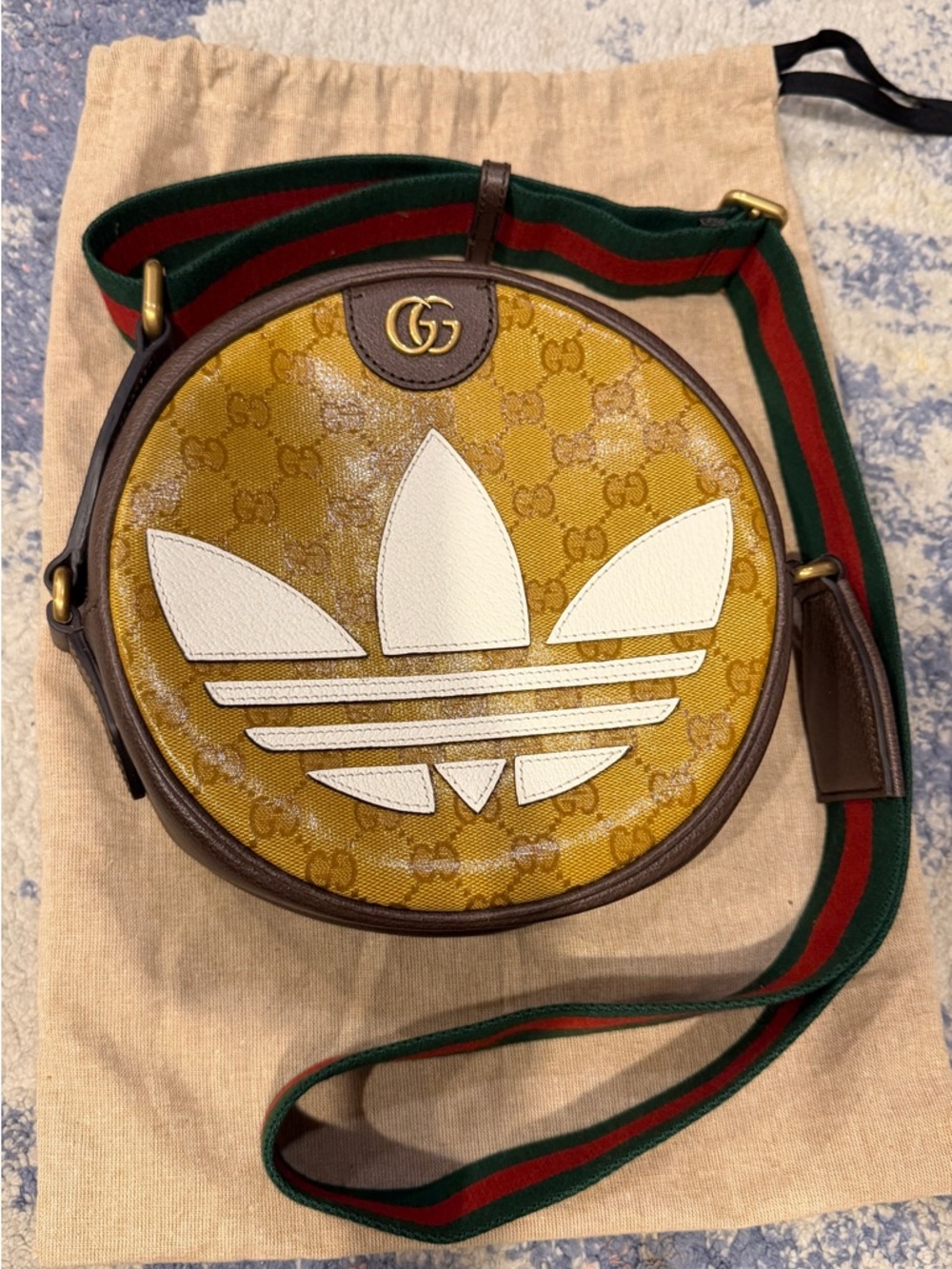 Gucci Yellow GG Canvas Round Crossbody with White Trefoil